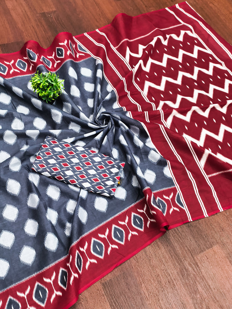 MALHARI IKKAT HAND PRINT MULMUL COTTON GREY SAREE