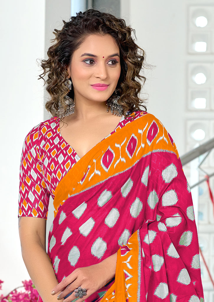 MALHARI IKKAT HAND PRINT MULMUL COTTON LIGHT PINK SAREE