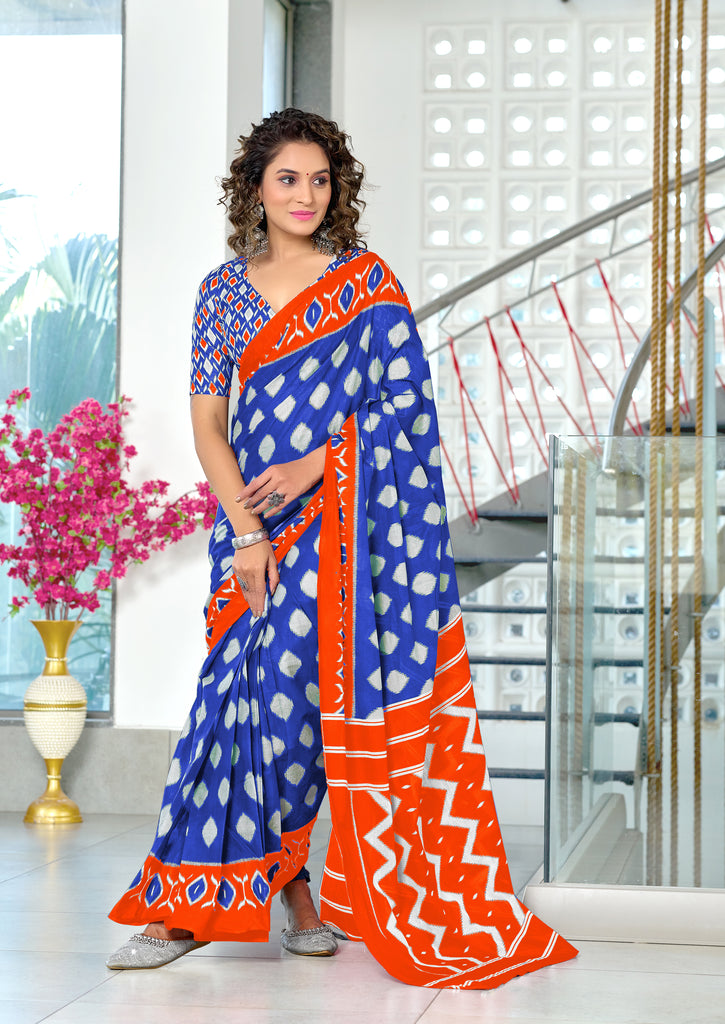MALHARI IKKAT HAND PRINT MULMUL COTTON ROYAL BLUE SAREE