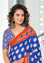 MALHARI IKKAT HAND PRINT MULMUL COTTON ROYAL BLUE SAREE