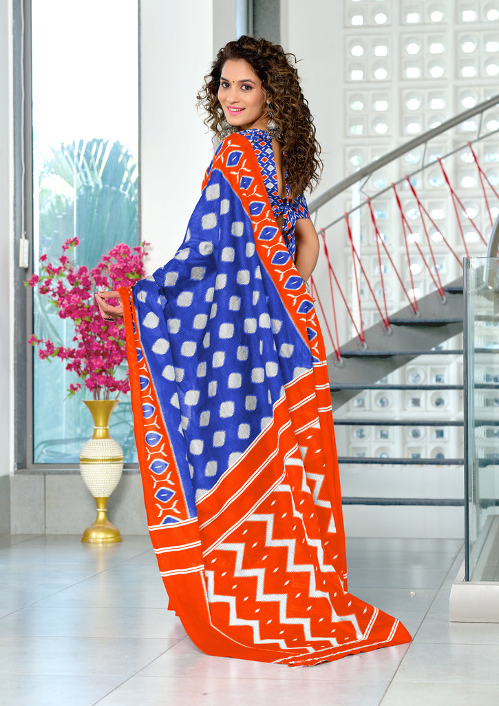 MALHARI IKKAT HAND PRINT MULMUL COTTON ROYAL BLUE SAREE