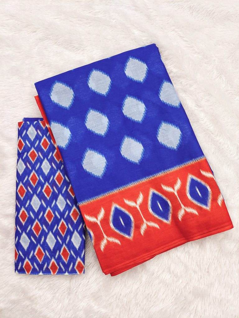 MALHARI IKKAT HAND PRINT MULMUL COTTON ROYAL BLUE SAREE