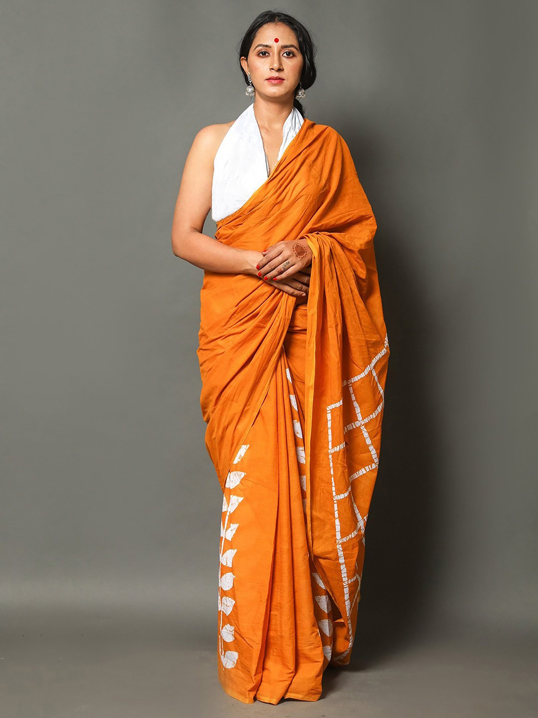 MANGLAM SOFT PURE COTTON HAF-HAF HAND BLOCK PRINT ORANGE SAREE
