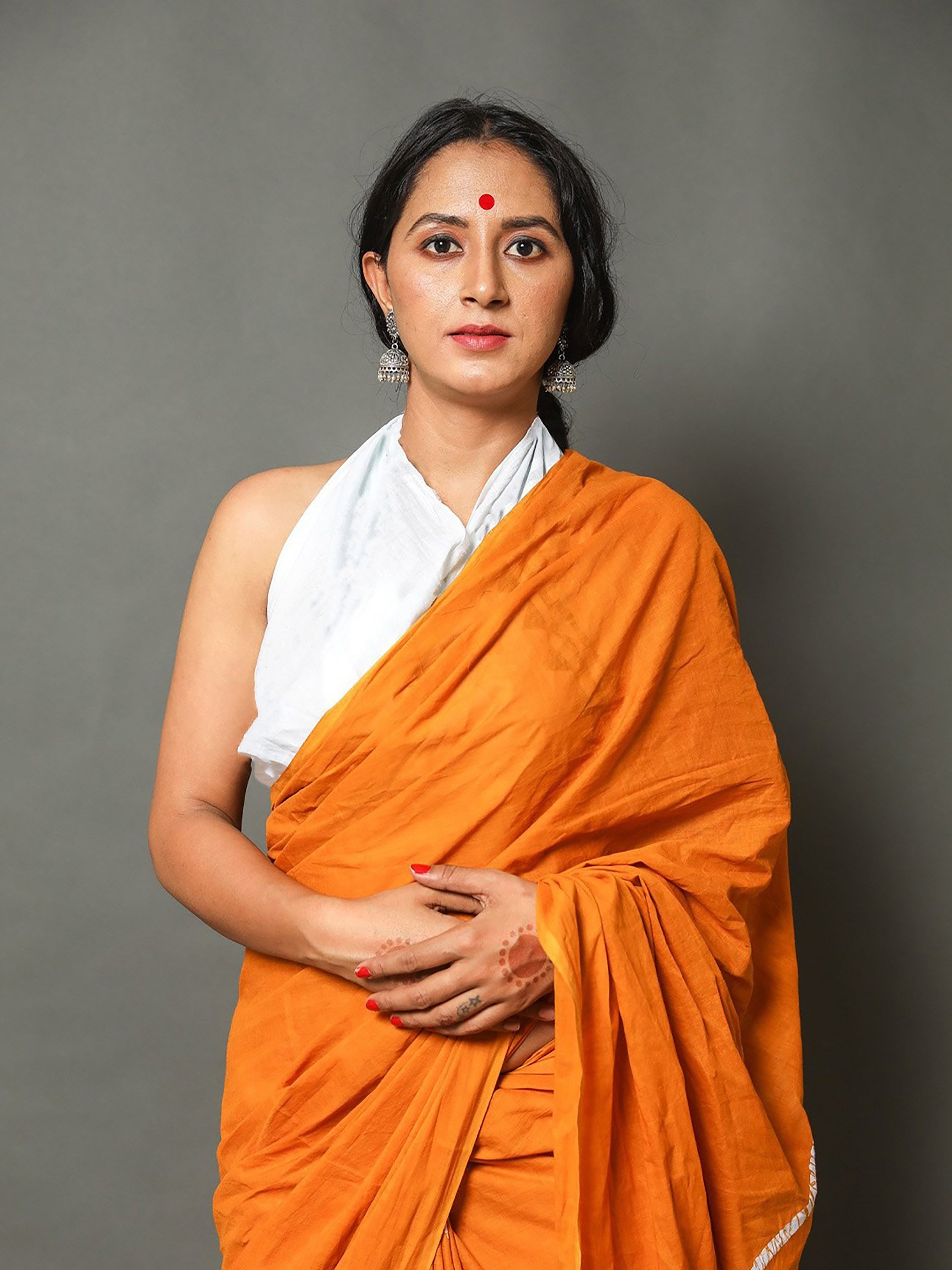 MANGLAM SOFT PURE COTTON HAF-HAF HAND BLOCK PRINT ORANGE SAREE