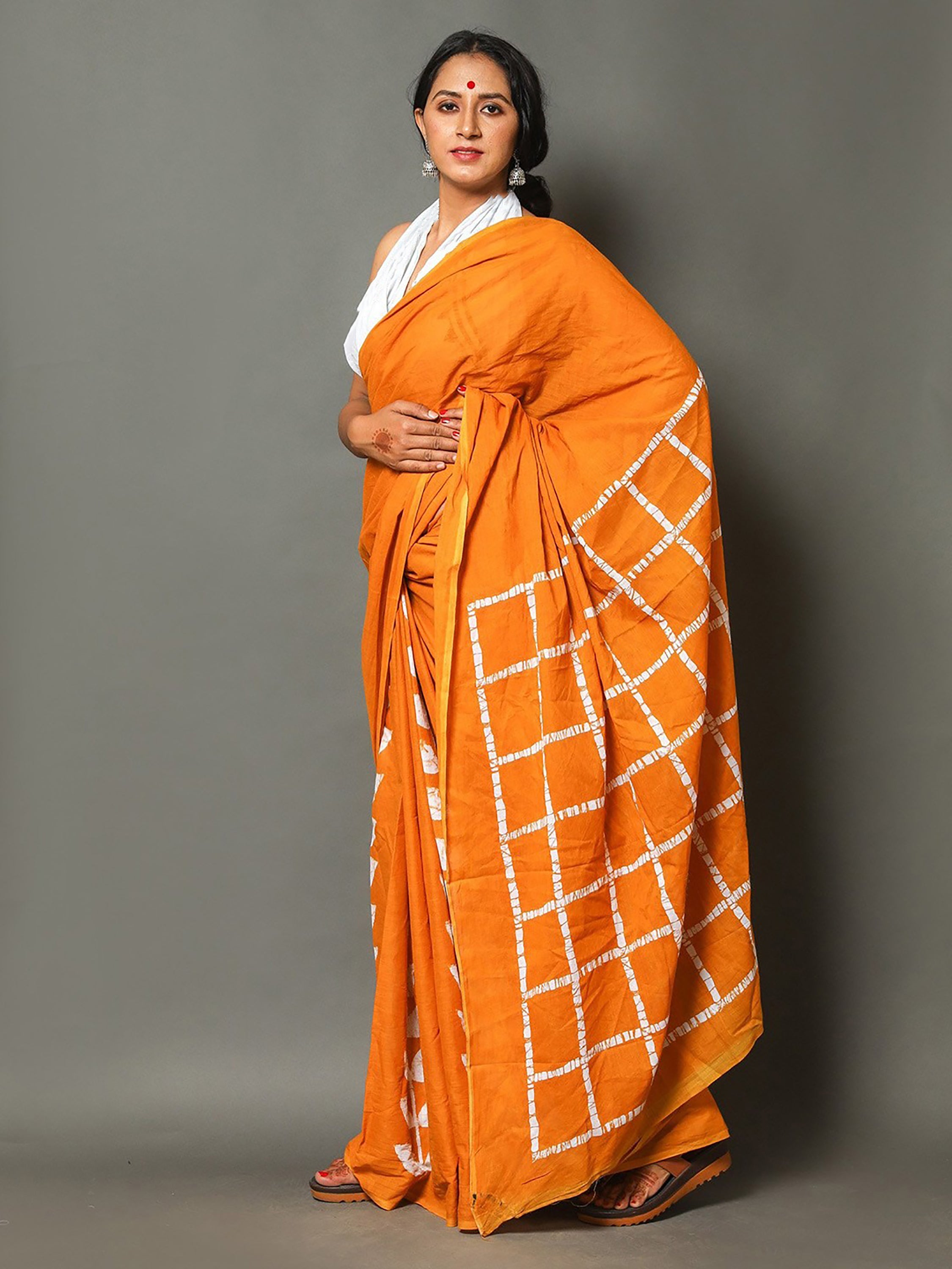 MANGLAM SOFT PURE COTTON HAF-HAF HAND BLOCK PRINT ORANGE SAREE