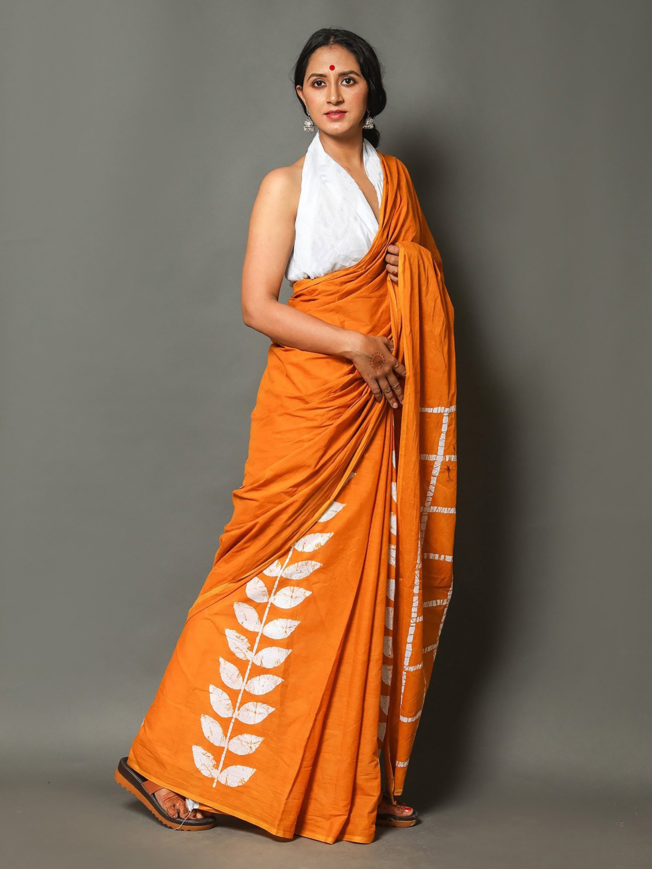 MANGLAM SOFT PURE COTTON HAF-HAF HAND BLOCK PRINT ORANGE SAREE