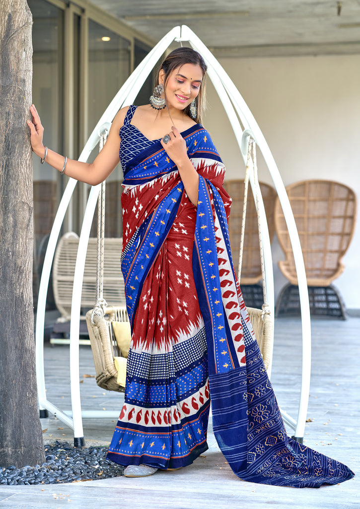 MAYTRI PURE MULMUL COTTON IKKAT  PRINTD BROWN SAREE