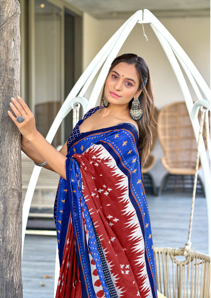 MAYTRI PURE MULMUL COTTON IKKAT  PRINTD BROWN SAREE