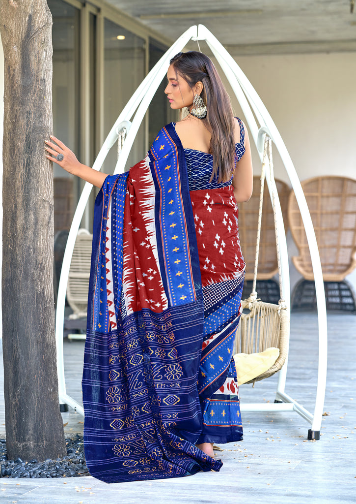 MAYTRI PURE MULMUL COTTON IKKAT  PRINTD BROWN SAREE