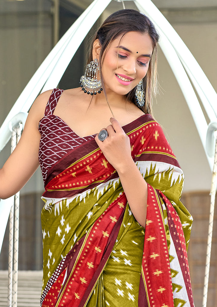 MAYTRI PURE MULMUL COTTON IKKAT  PRINTD GREEN SAREE
