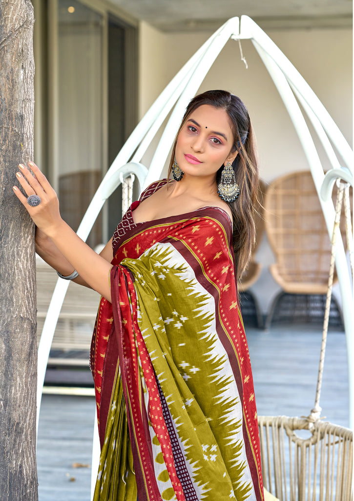 MAYTRI PURE MULMUL COTTON IKKAT  PRINTD GREEN SAREE