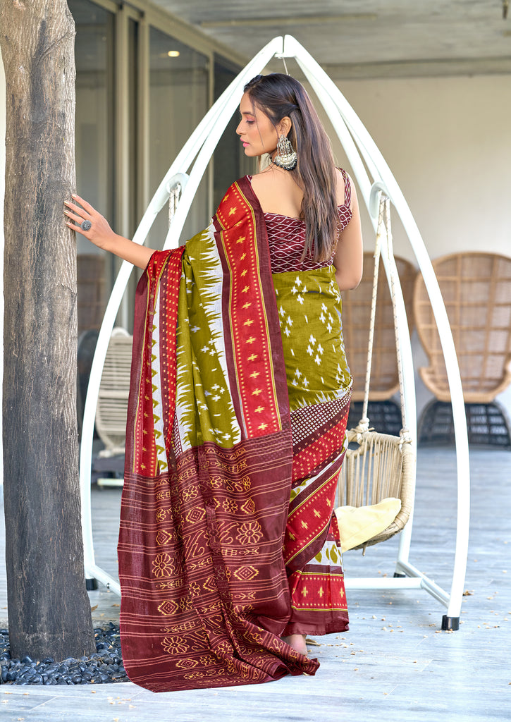 MAYTRI PURE MULMUL COTTON IKKAT  PRINTD GREEN SAREE