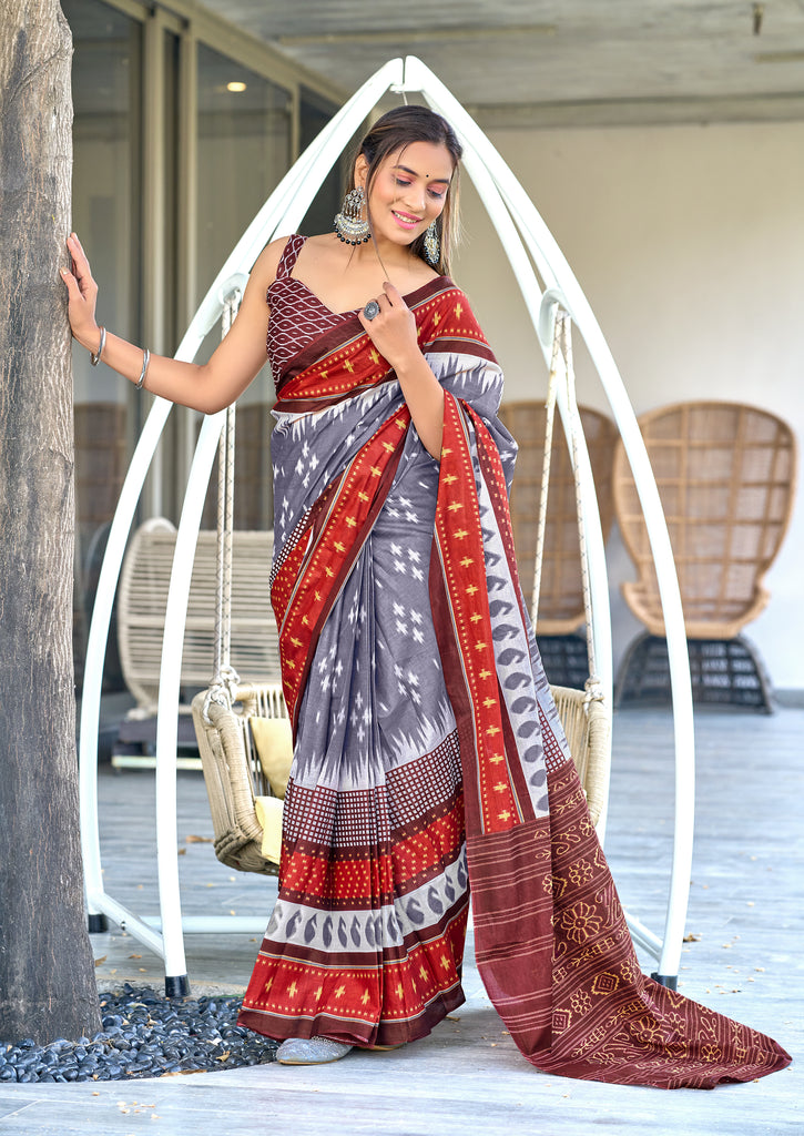 MAYTRI PURE MULMUL COTTON IKKAT  PRINTD LIGHT GREY SAREE