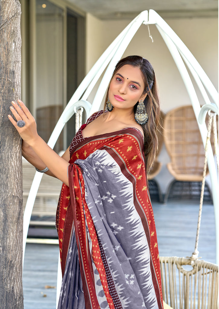 MAYTRI PURE MULMUL COTTON IKKAT  PRINTD LIGHT GREY SAREE