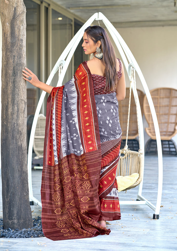 MAYTRI PURE MULMUL COTTON IKKAT  PRINTD LIGHT GREY SAREE