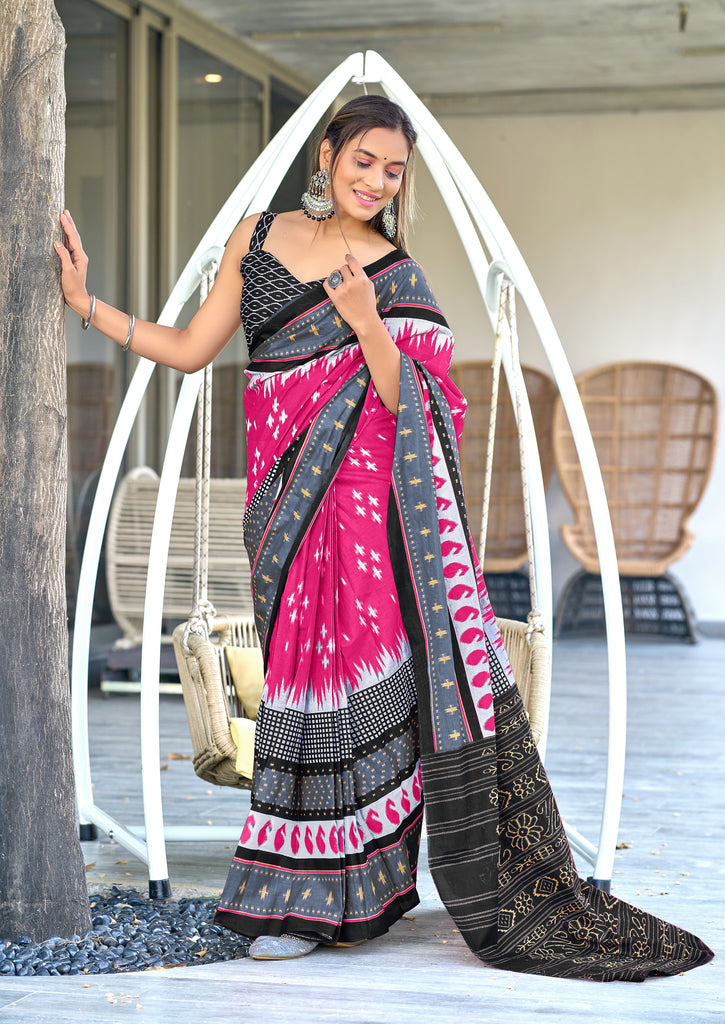 MAYTRI PURE MULMUL COTTON IKKAT  PRINTD LIGHT PINK SAREE