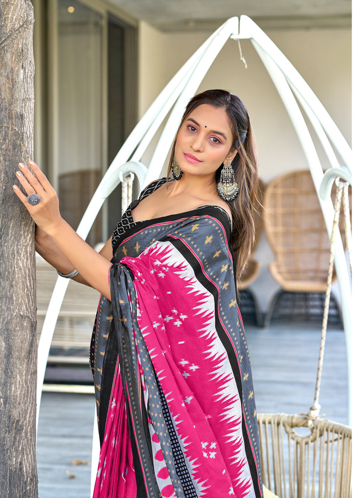 MAYTRI PURE MULMUL COTTON IKKAT  PRINTD LIGHT PINK SAREE