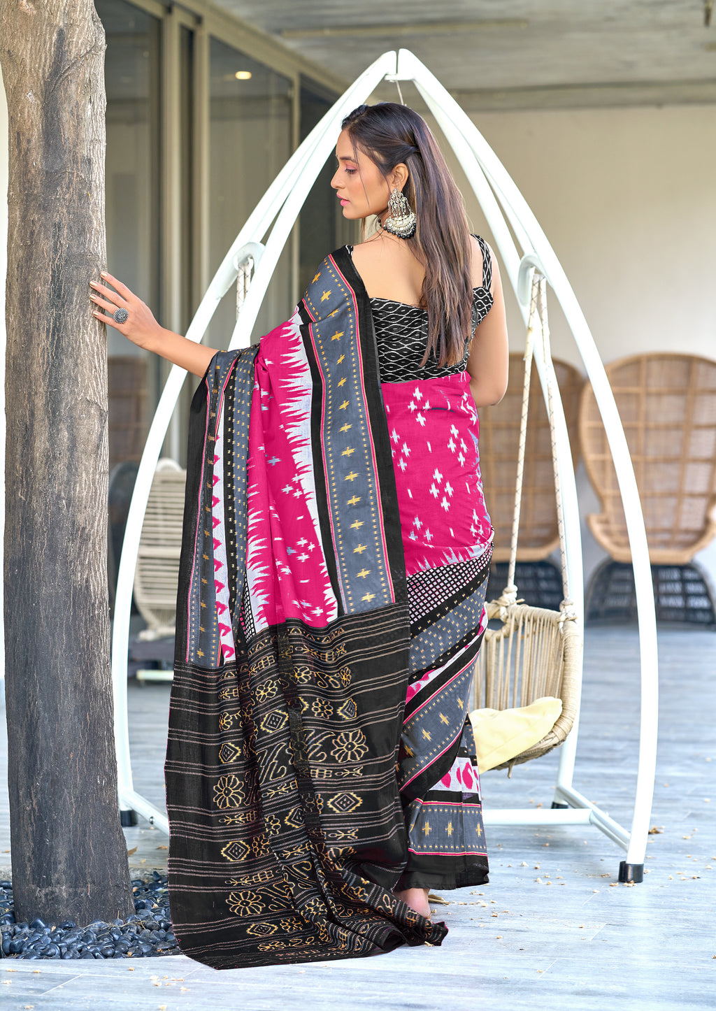 MAYTRI PURE MULMUL COTTON IKKAT  PRINTD LIGHT PINK SAREE