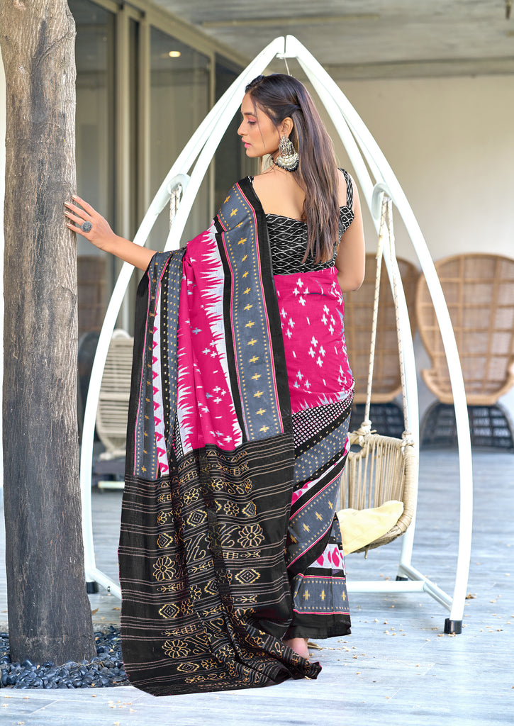 MAYTRI PURE MULMUL COTTON IKKAT  PRINTD LIGHT PINK SAREE