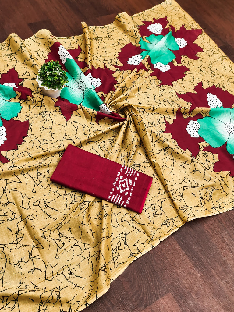 MEERI SOFT MULMUL COTTON AND COMFORT FABRIC GOLDEN SAREE