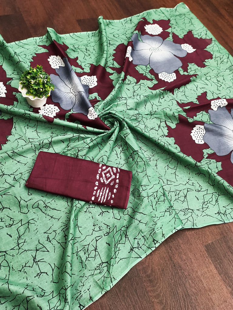 MEERI SOFT MULMUL COTTON AND COMFORT FABRIC GREEN SAREE