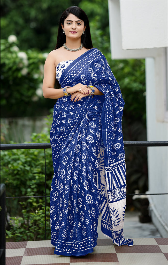 MISS JULIYANA PRIMUM COTTON JAIPUR BAGRU PRINTED COTTON MULMUL BLUE SAREE