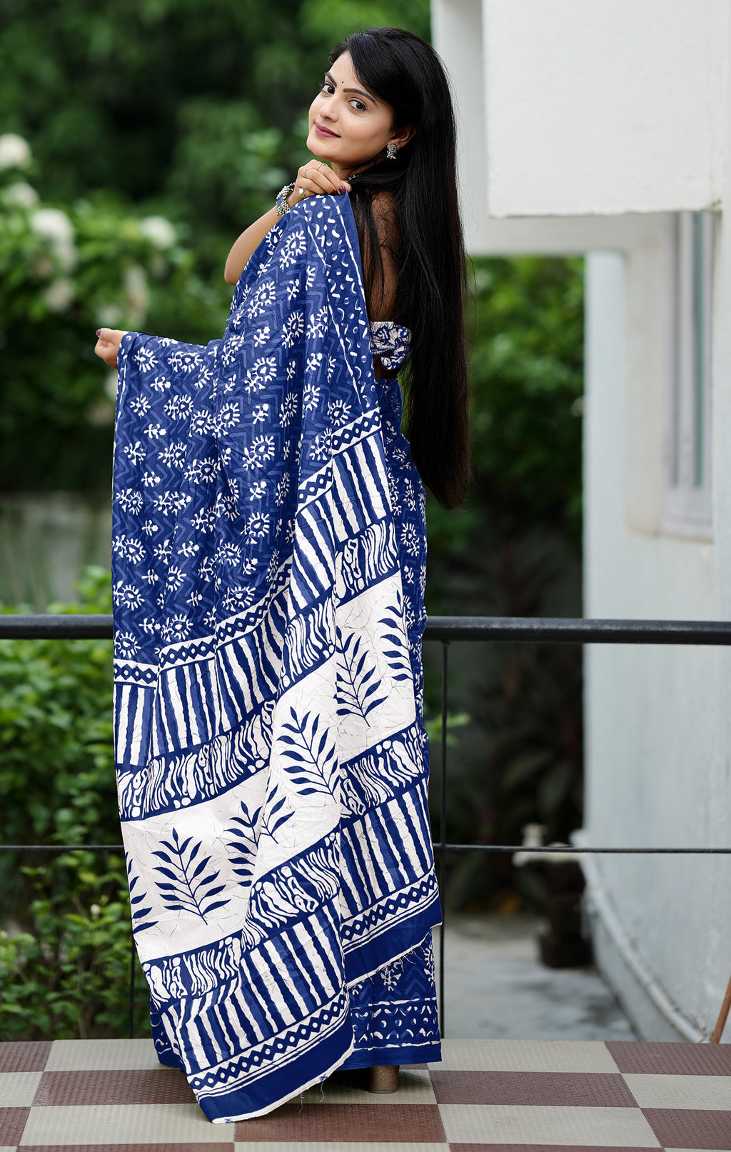 MISS JULIYANA PRIMUM COTTON JAIPUR BAGRU PRINTED COTTON MULMUL BLUE SAREE