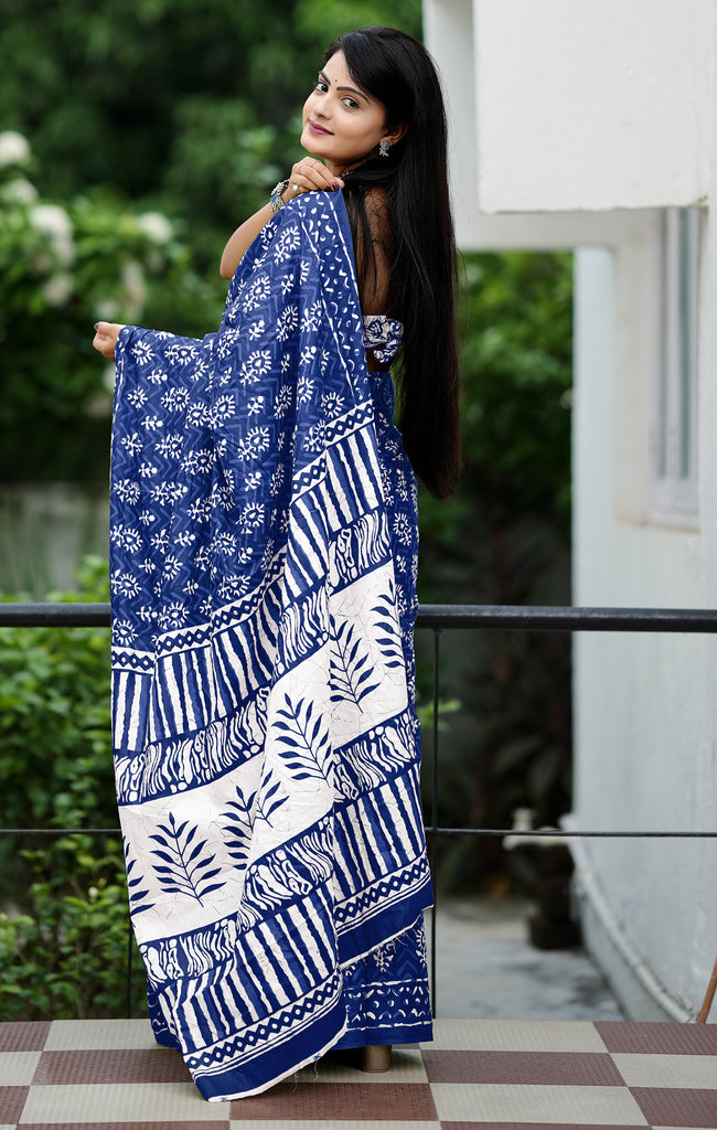 MISS JULIYANA PRIMUM COTTON JAIPUR BAGRU PRINTED COTTON MULMUL BLUE SAREE