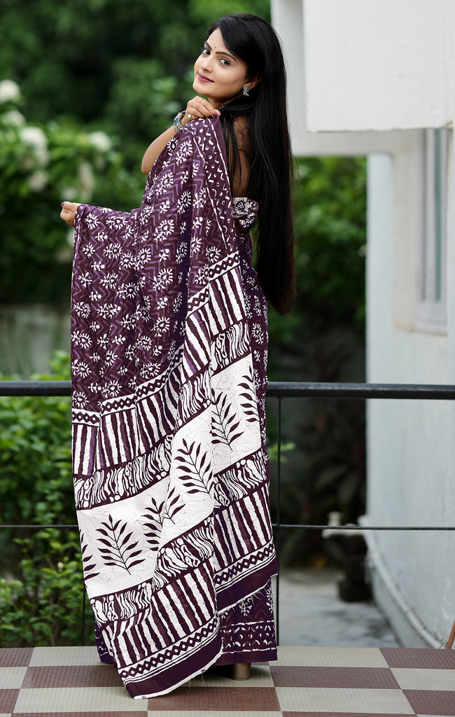 MISS JULIYANA PRIMUM COTTON JAIPUR BAGRU PRINTED COTTON MULMUL BROWN SAREE