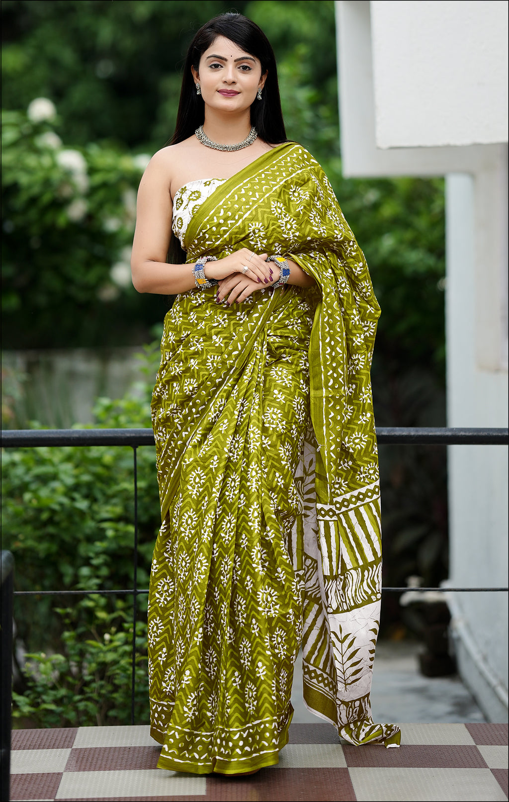 MISS JULIYANA PRIMUM COTTON JAIPUR BAGRU PRINTED COTTON MULMUL GREEN SAREE