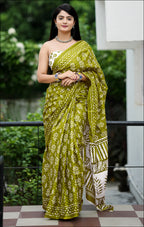 MISS JULIYANA PRIMUM COTTON JAIPUR BAGRU PRINTED COTTON MULMUL GREEN SAREE