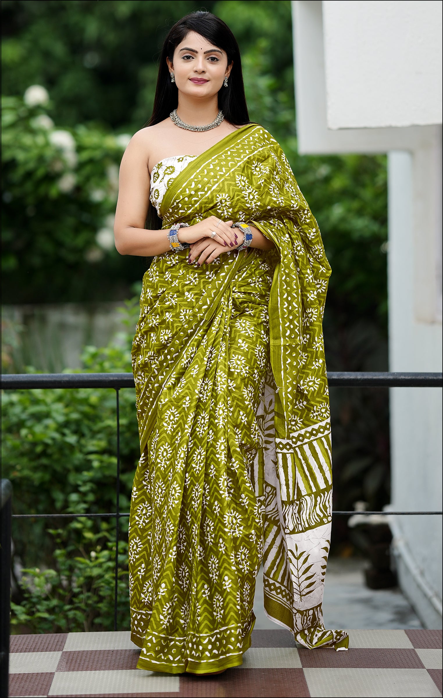 MISS JULIYANA PRIMUM COTTON JAIPUR BAGRU PRINTED COTTON MULMUL GREEN SAREE
