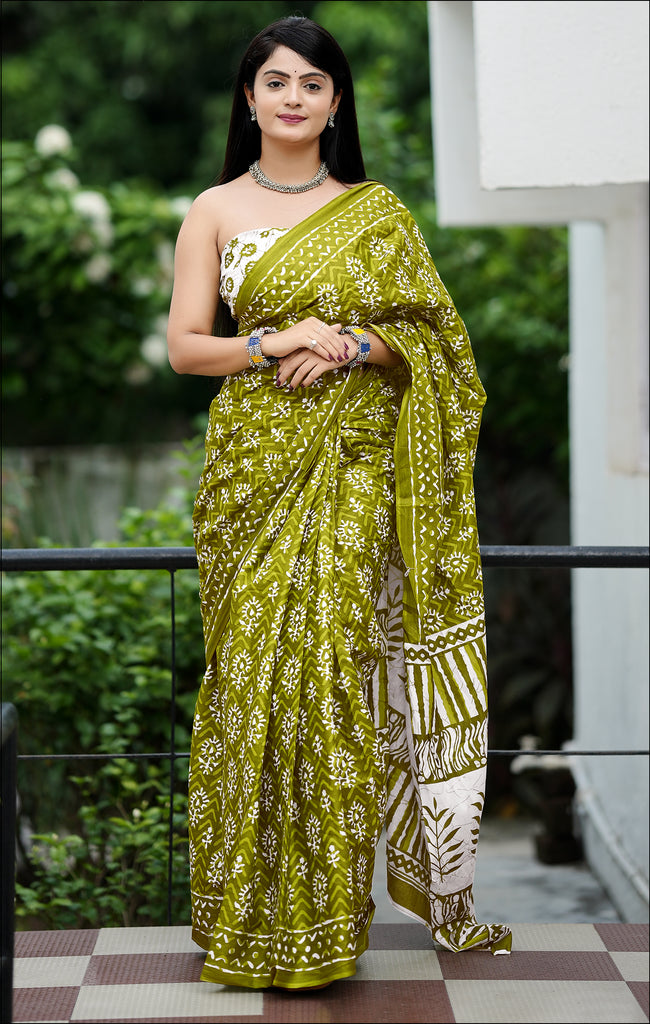 MISS JULIYANA PRIMUM COTTON JAIPUR BAGRU PRINTED COTTON MULMUL GREEN SAREE