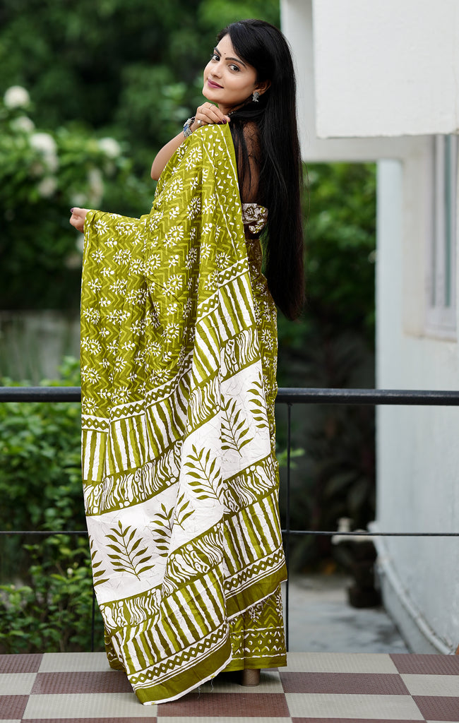 MISS JULIYANA PRIMUM COTTON JAIPUR BAGRU PRINTED COTTON MULMUL GREEN SAREE