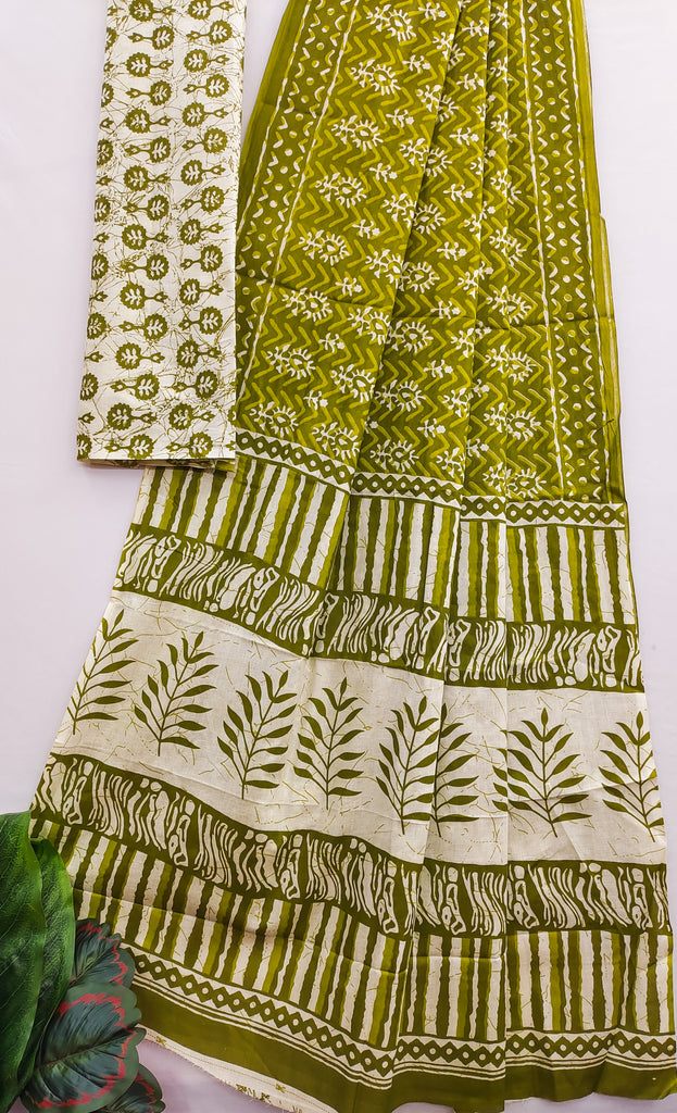 MISS JULIYANA PRIMUM COTTON JAIPUR BAGRU PRINTED COTTON MULMUL GREEN SAREE
