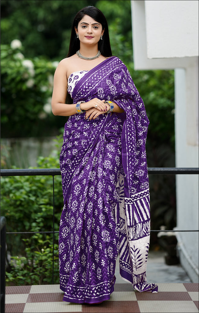MISS JULIYANA PRIMUM COTTON JAIPUR BAGRU PRINTED COTTON MULMUL PURPLE SAREE