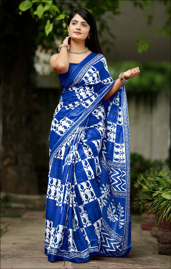 MISS JULIYANA PRIMUM COTTON JAIPUR BAGRU PRINTED COTTON MULMUL BLUE SAREE