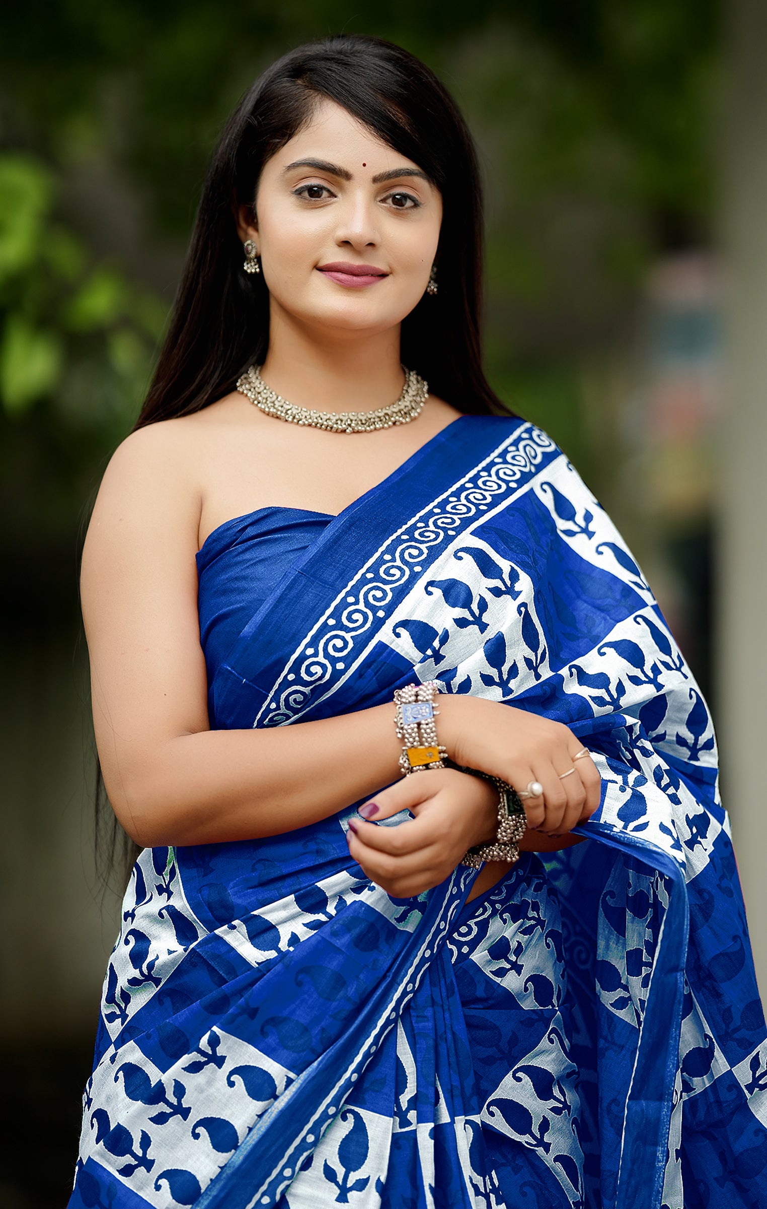 MISS JULIYANA PRIMUM COTTON JAIPUR BAGRU PRINTED COTTON MULMUL BLUE SAREE