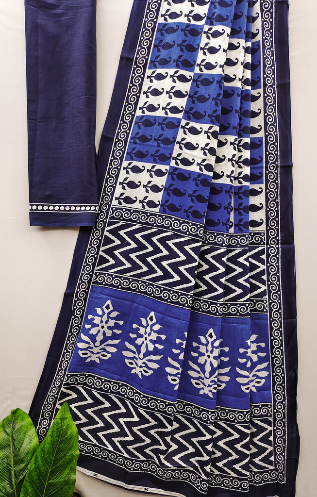 MISS JULIYANA PRIMUM COTTON JAIPUR BAGRU PRINTED COTTON MULMUL BLUE SAREE