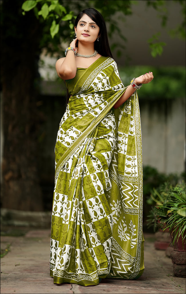 MISS JULIYANA PRIMUM COTTON JAIPUR BAGRU PRINTED COTTON MULMUL MAHENDI GREEN SAREE