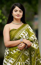 MISS JULIYANA PRIMUM COTTON JAIPUR BAGRU PRINTED COTTON MULMUL MAHENDI GREEN SAREE