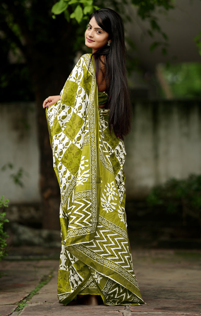 MISS JULIYANA PRIMUM COTTON JAIPUR BAGRU PRINTED COTTON MULMUL MAHENDI GREEN SAREE