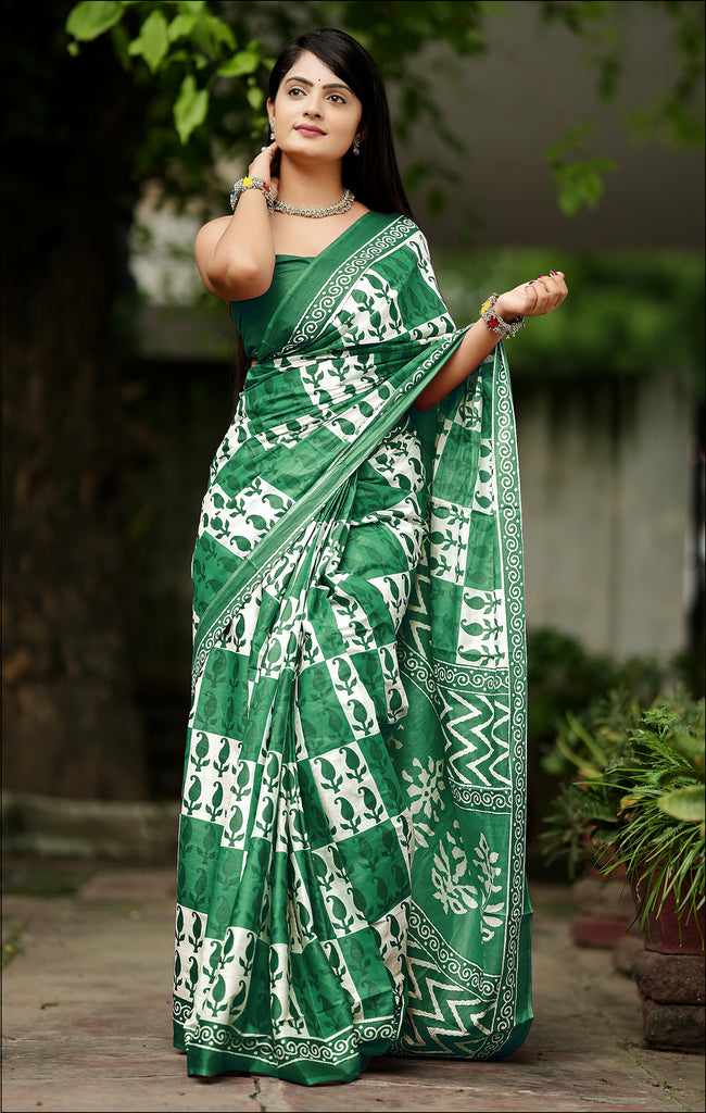 MISS JULIYANA PRIMUM COTTON JAIPUR BAGRU PRINTED COTTON MULMUL MINT GREEN SAREE