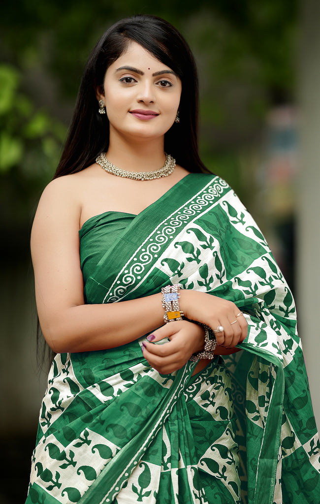 MISS JULIYANA PRIMUM COTTON JAIPUR BAGRU PRINTED COTTON MULMUL MINT GREEN SAREE