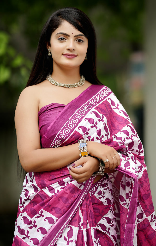 MISS JULIYANA PRIMUM COTTON JAIPUR BAGRU PRINTED COTTON MULMUL PINK SAREE