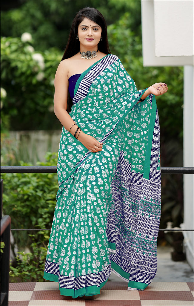 MISS JULIYANA PRIMUM COTTON JAIPUR BAGRU PRINTED COTTON MULMUL MINT GREEN SAREE