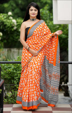 MISS JULIYANA PRIMUM COTTON JAIPUR BAGRU PRINTED COTTON MULMUL ORANGE SAREE