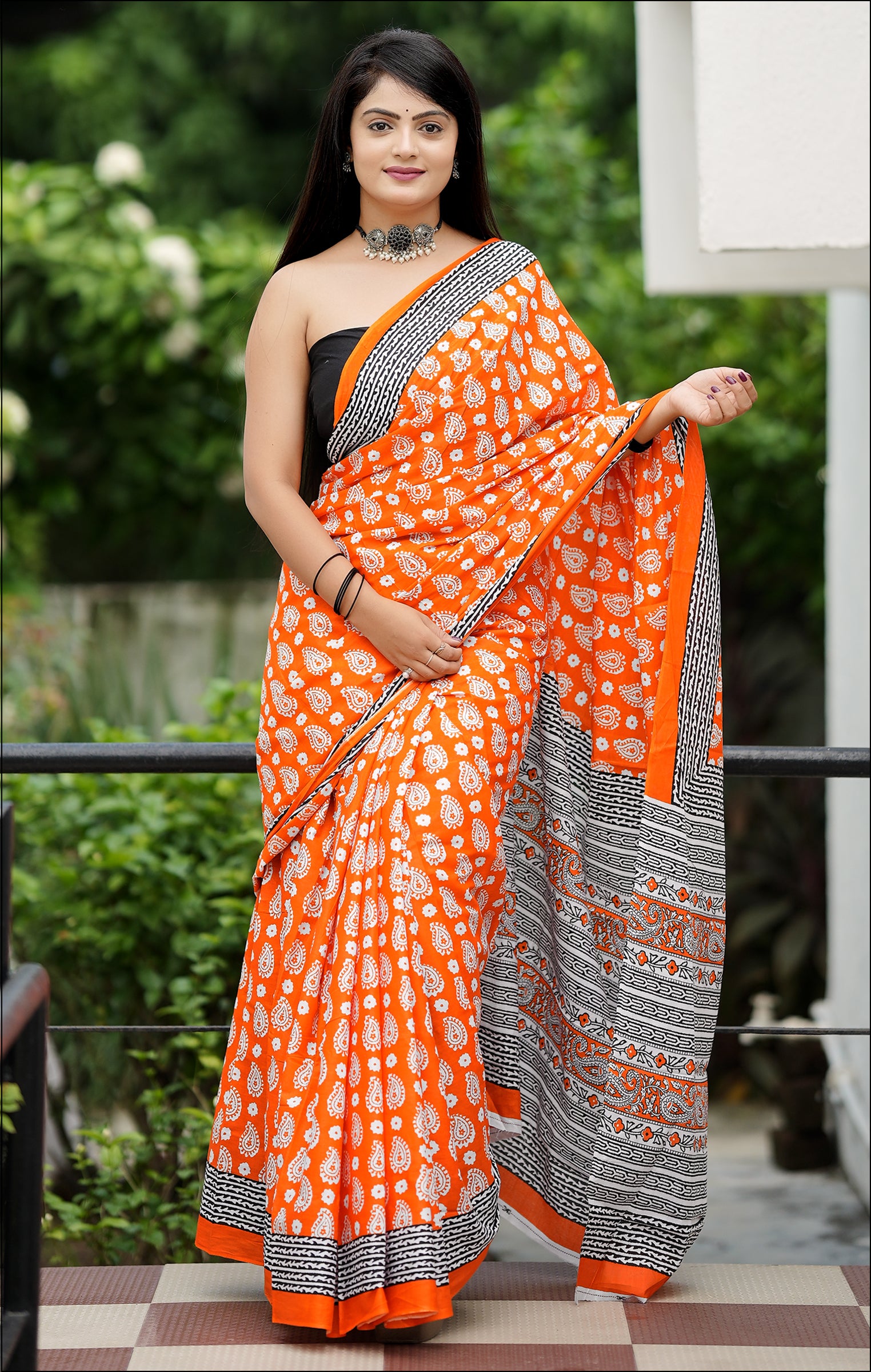 MISS JULIYANA PRIMUM COTTON JAIPUR BAGRU PRINTED COTTON MULMUL ORANGE SAREE