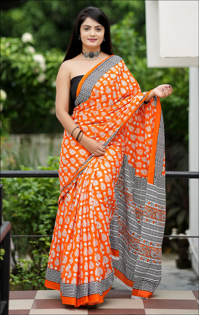 MISS JULIYANA PRIMUM COTTON JAIPUR BAGRU PRINTED COTTON MULMUL ORANGE SAREE