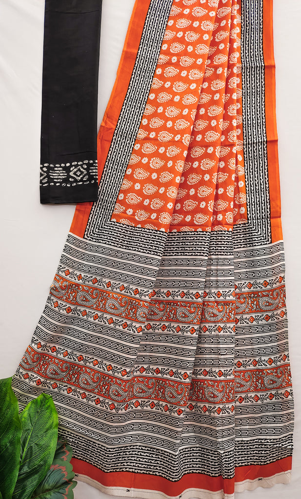 MISS JULIYANA PRIMUM COTTON JAIPUR BAGRU PRINTED COTTON MULMUL ORANGE SAREE